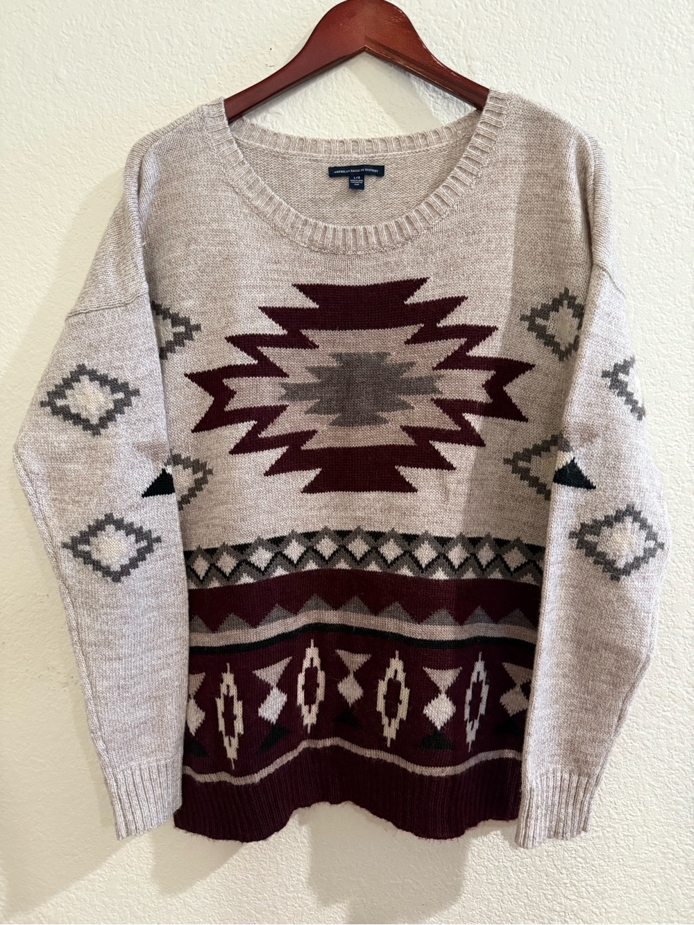 American Eagle Outfitters Beige and Burgundy Aztec Crewneck Sweater